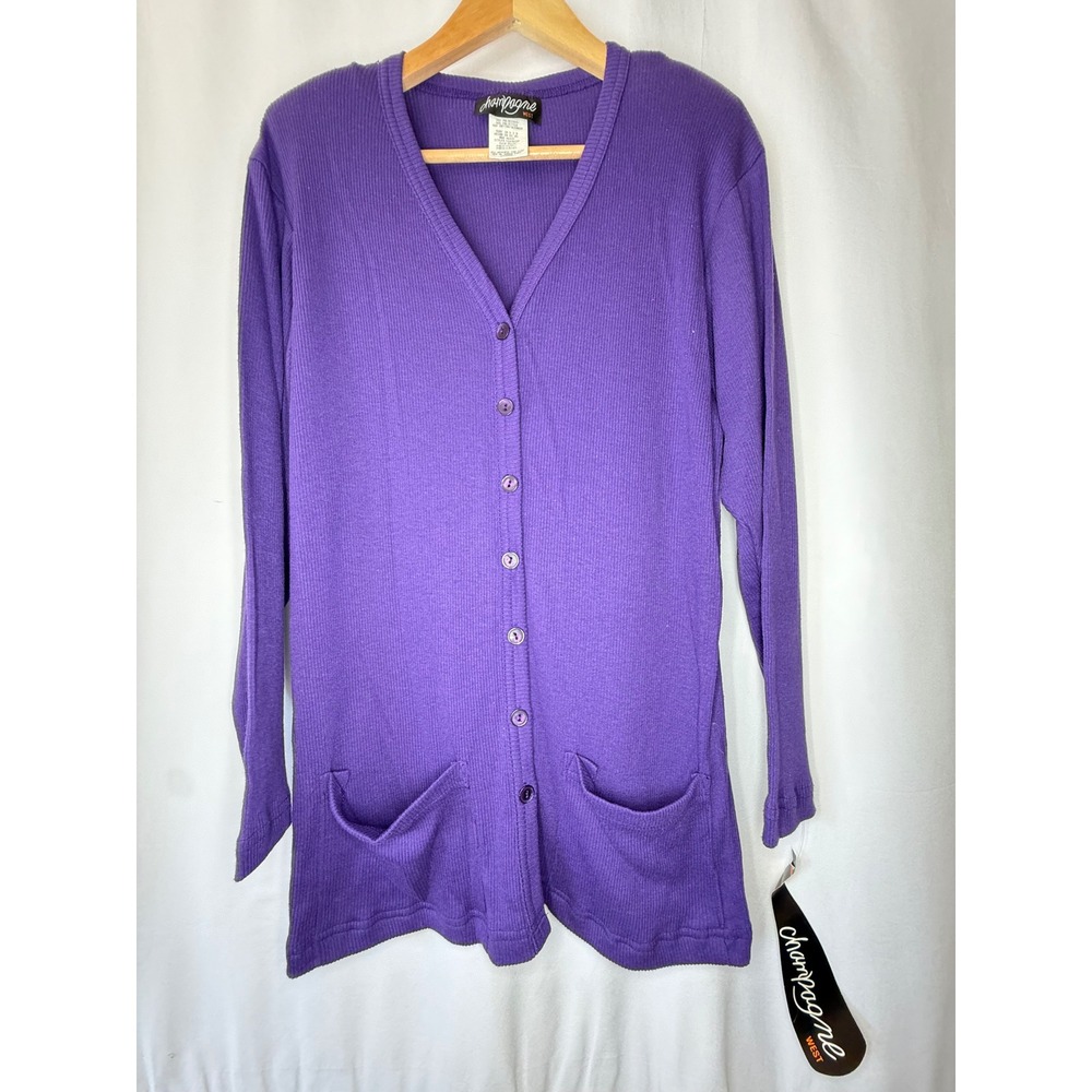 Champagne West Purple Ribbed Button Front Cardigan Sweater V-Neck Pockets Medium
